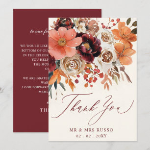 Burgunder Orange Blumige Herbst-Hochzeit Dankeskarte