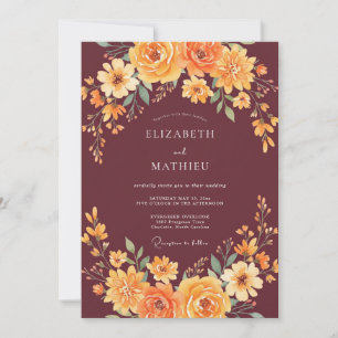 Burgunder Orange Wildblumen-Hochzeit Einladung