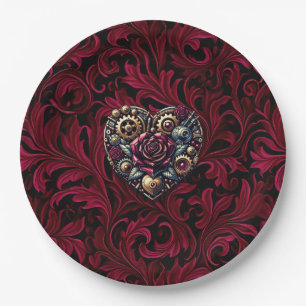 Burgunder Paisley Steampunk Herz Hochzeit Pappteller