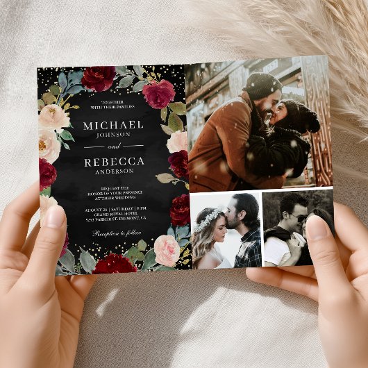 Burgunder-Pfirsich-Blumen-Hochzeit QR-Code Schwarz Einladung
