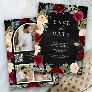 Burgunder Pfirsich Floral Foto Schwarzer QR-Code H Save The Date