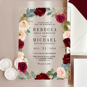 Burgunder Pfirsich Florale Hochzeit Acryleinladungen