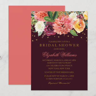 Burgunder-Pfirsich-Gold-Blumen-Glitter-Brautparty Einladung