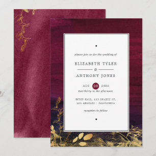 Burgunder-Pflaume und Gold Aquarell-Hochzeit Einladung