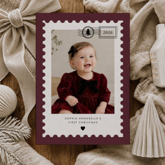 Burgunder-Postwertzeichen-Babys erstes Weihnachten