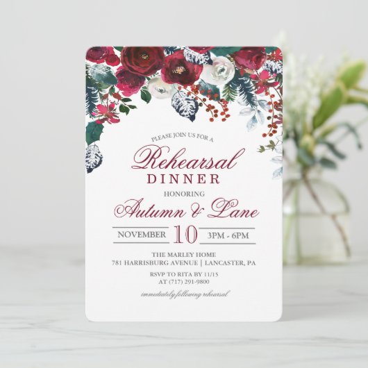 Burgunder Probe-Abendessen mit floraler Flora Einl Einladung (Stehend Vorderseite)