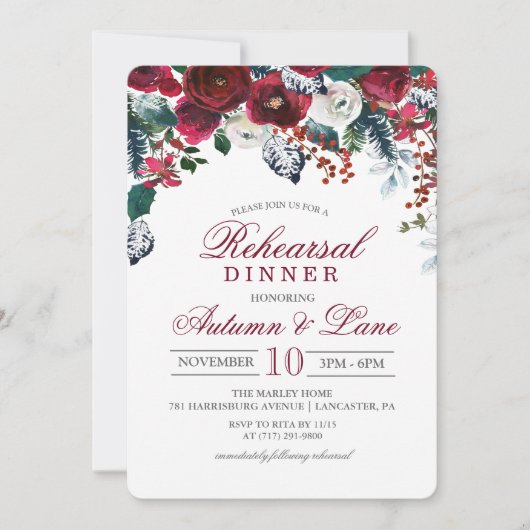 Burgunder Probe-Abendessen mit floraler Flora Einl Einladung (Vorderseite)