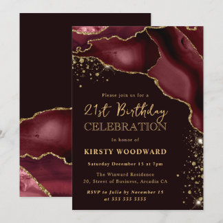 Burgunder Red and Gold Glitzer Agate 21. Geburtsta Einladung