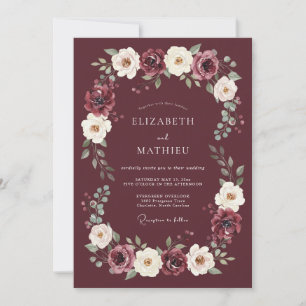 Burgunder-Romanischer-Blumenkranz-Hochzeit Einladung