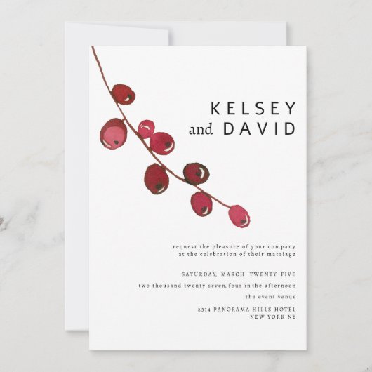 Burgunder Rosa Aquarellbeeren Blütenhochzeit Einladung (Vorderseite)