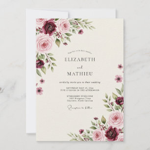 Burgunder-Rosa bezaubernde Rosenhochzeit Einladung