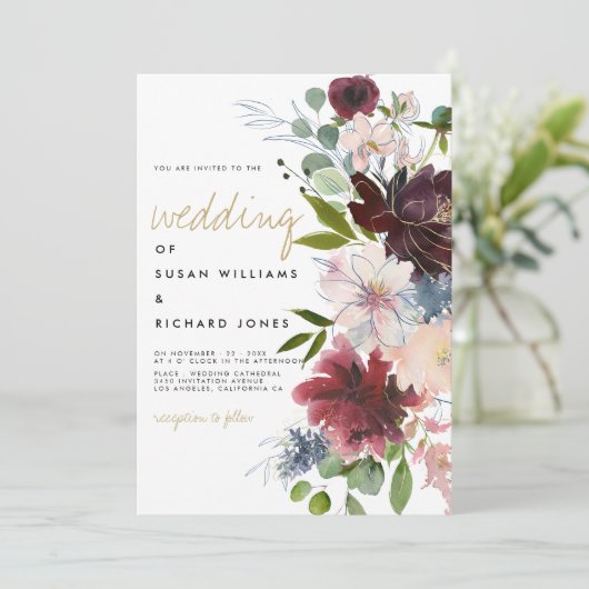 Burgunder Rosa Blume Einladung (Stehend Vorderseite)