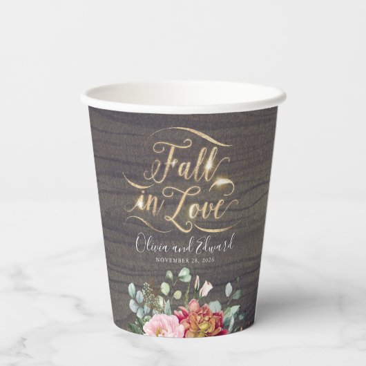 Burgunder Rosa Blume fallen in der Liebe rustikal Pappbecher (Rückseite)