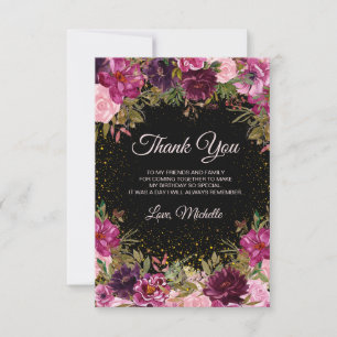 Burgunder Rosa Blumen Glitter Schwarz Geburtstag Dankeskarte