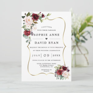 Burgunder Rosa Blumen Gold Alles in Einem Hochzeit Einladung