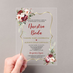 Burgunder-Rosa-Blumen-Herbst-Spanische Hochzeit Acryleinladungen