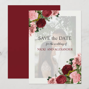 Burgunder-Rosa-Blumen-Hochzeit-Speichert-Datum Einladung