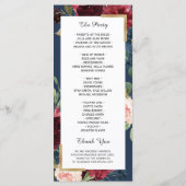 Burgunder-Rosa-Blumen-Hochzeitsprogramm in Navybla Programm (Rückseite)