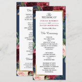 Burgunder-Rosa-Blumen-Hochzeitsprogramm in Navybla Programm (Vorne/Hinten)