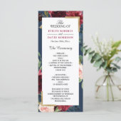 Burgunder-Rosa-Blumen-Hochzeitsprogramm in Navybla Programm (Stehend Vorderseite)
