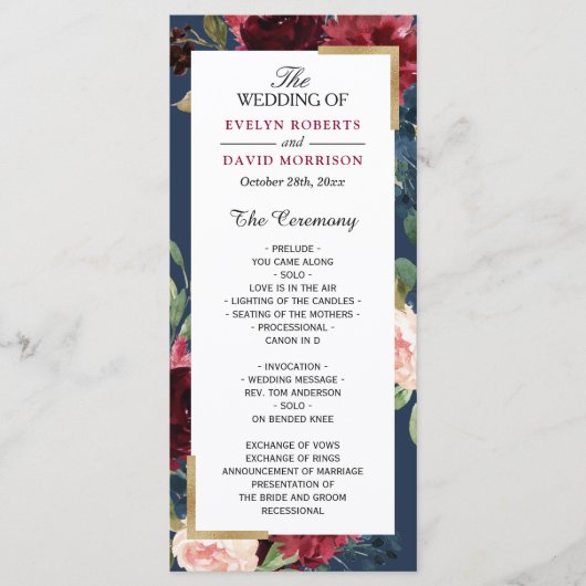 Burgunder-Rosa-Blumen-Hochzeitsprogramm in Navybla Programm (Vorderseite)