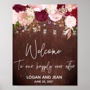 Burgunder-Rosa-Blumen-Mason-Glas-Willkommensschild Poster