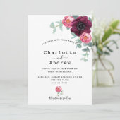 Burgunder Rosa Blumengrün Elegante Hochzeit Einladung (Stehend Vorderseite)