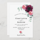 Burgunder Rosa Blumengrün Elegante Hochzeit Einladung (Vorne/Hinten)