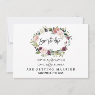Burgunder-Rosa-Blumenkranz-Navy-Blue-Hochzeit Save The Date