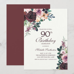 Burgunder-Rosa-Blütenblätter 90. Geburtstag Einladung