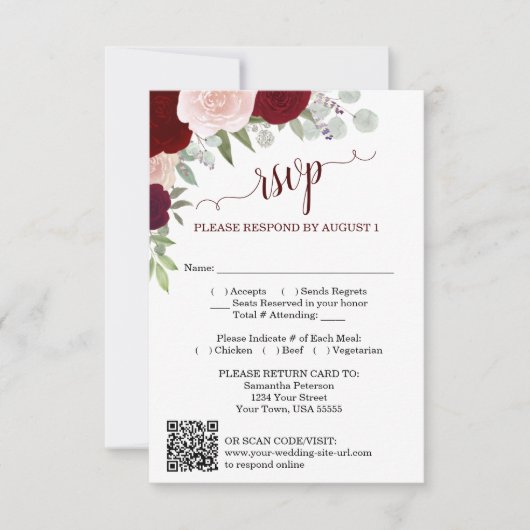 Burgunder-Rosa Boho-Rosen Hochzeit QR-Code RSVP Einladung (Vorderseite)