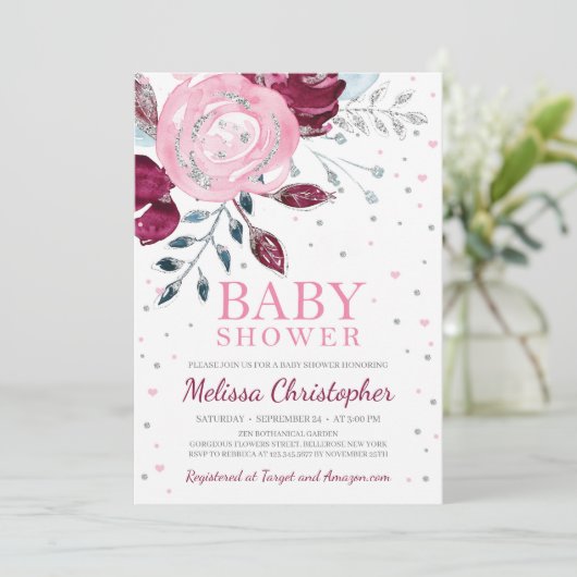 Burgunder Rosa Glitzer Einladung (Stehend Vorderseite)