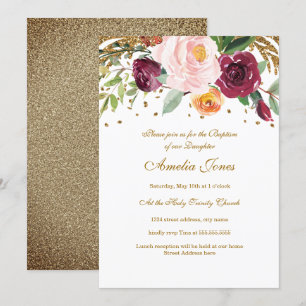 Burgunder-Rosa-Gold-Blumen-Glitter-Taufe Einladung