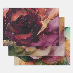 Burgunder Rosa Gold Blumenmuster  Geschenkpapier Set