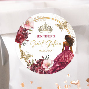 Burgunder-Rosa-Gold-Blumenprinzessin Sweet 16 Runder Aufkleber