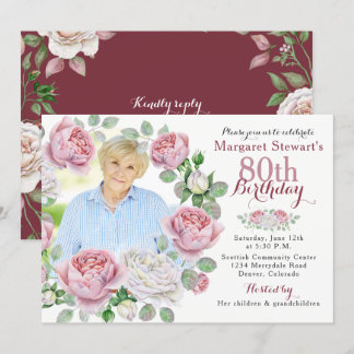 Burgunder-Rosa-Land-Rosen-Kranz-Foto-Geburtstag Einladung