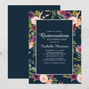 Burgunder-Rosa-Navy-Blumen-Quinceañera Einladung