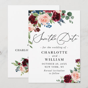 Burgunder-Rosa-Navy-Blumenrosen-Hochzeit Save The Date
