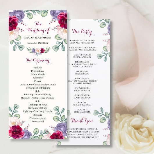 Burgunder-Rosa-Navy-Blüten-Hochzeitsprogramm