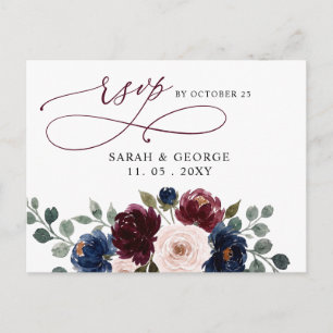 Burgunder-Rosa-Navy-Grünpflanzen-Blumen-Hochzeit-R Postkarte