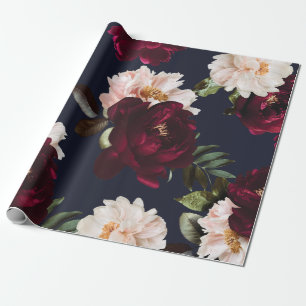 Burgunder-Rosa-Navyblau-Blumen-Dunkle-Melancholisc Geschenkpapier