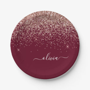Burgunder-Rosa-Roségold-Glitter-Monogramm Pappteller