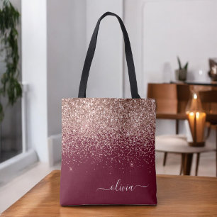 Burgunder-Rosa-Roségold-Glitter-Monogramm Tasche