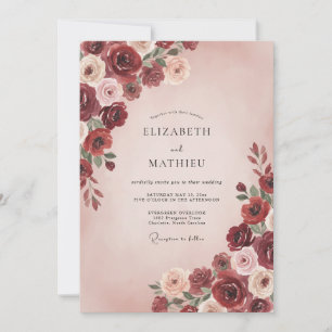 Burgunder-Rosa-Rosen-Hochzeit Einladung