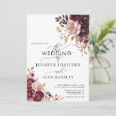 Burgunder-Rosa-Script-Floral-QR-Code-Hochzeit Einladung (Stehend Vorderseite)