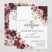 Burgunder-Rosa-Script-Floral-QR-Code-Hochzeit Einladung (Vorne/Hinten)