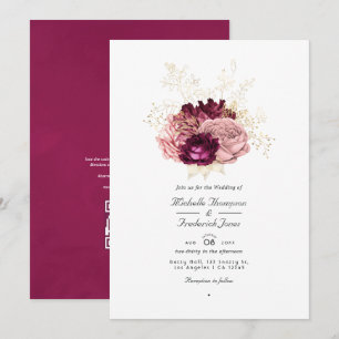 Burgunder-Rosa- und Gold-QR-Code-RSVP-Hochzeit Einladung