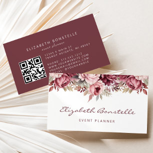 Burgunder-Rosa-Wasserfarben-Blumen-QR-Code Visitenkarte