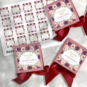 Burgunder-Rosa-Watercolor-Floralhochzeit Quadratischer Aufkleber