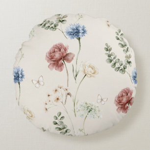 Burgunder-Rose Blaue Weiße Blumen Schmetterling Rundes Kissen